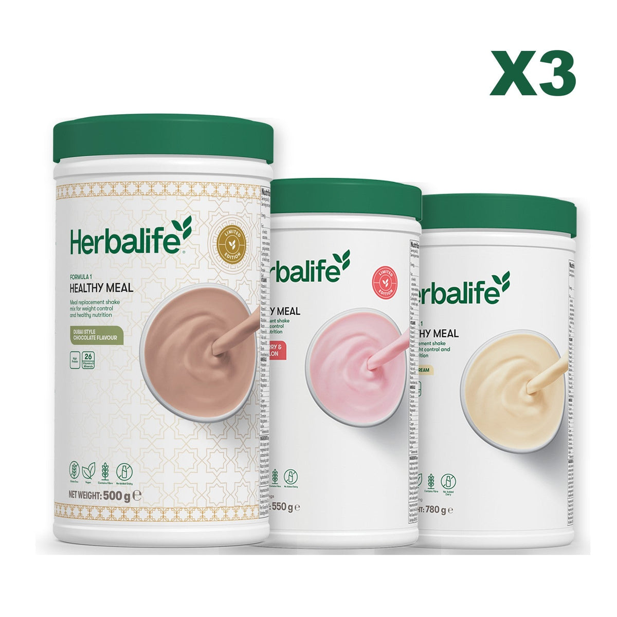 Formula 1 Dubai Style Chocolate meal shake tub shown with two further Formula 1 tubs, Strawberry Watermelon / Vanilla (Large 780g)