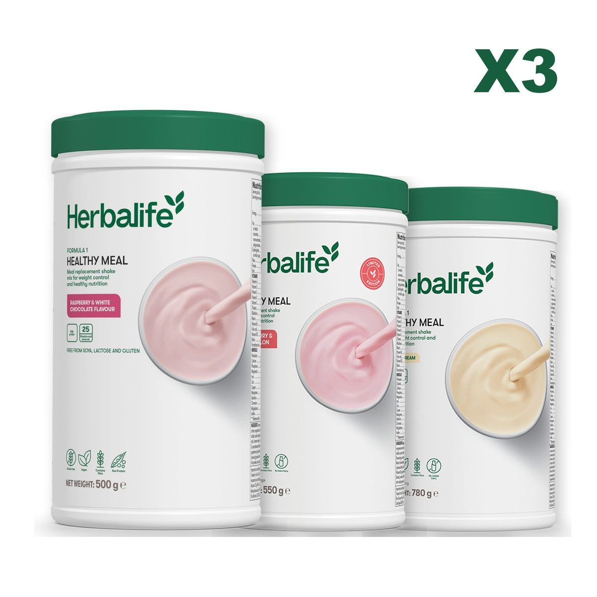 Three Formula 1 shake tubs led by Free From Raspberry and White Chocolate, plus two flavours you choose, Strawberry Watermelon / Vanilla (Large 780g)