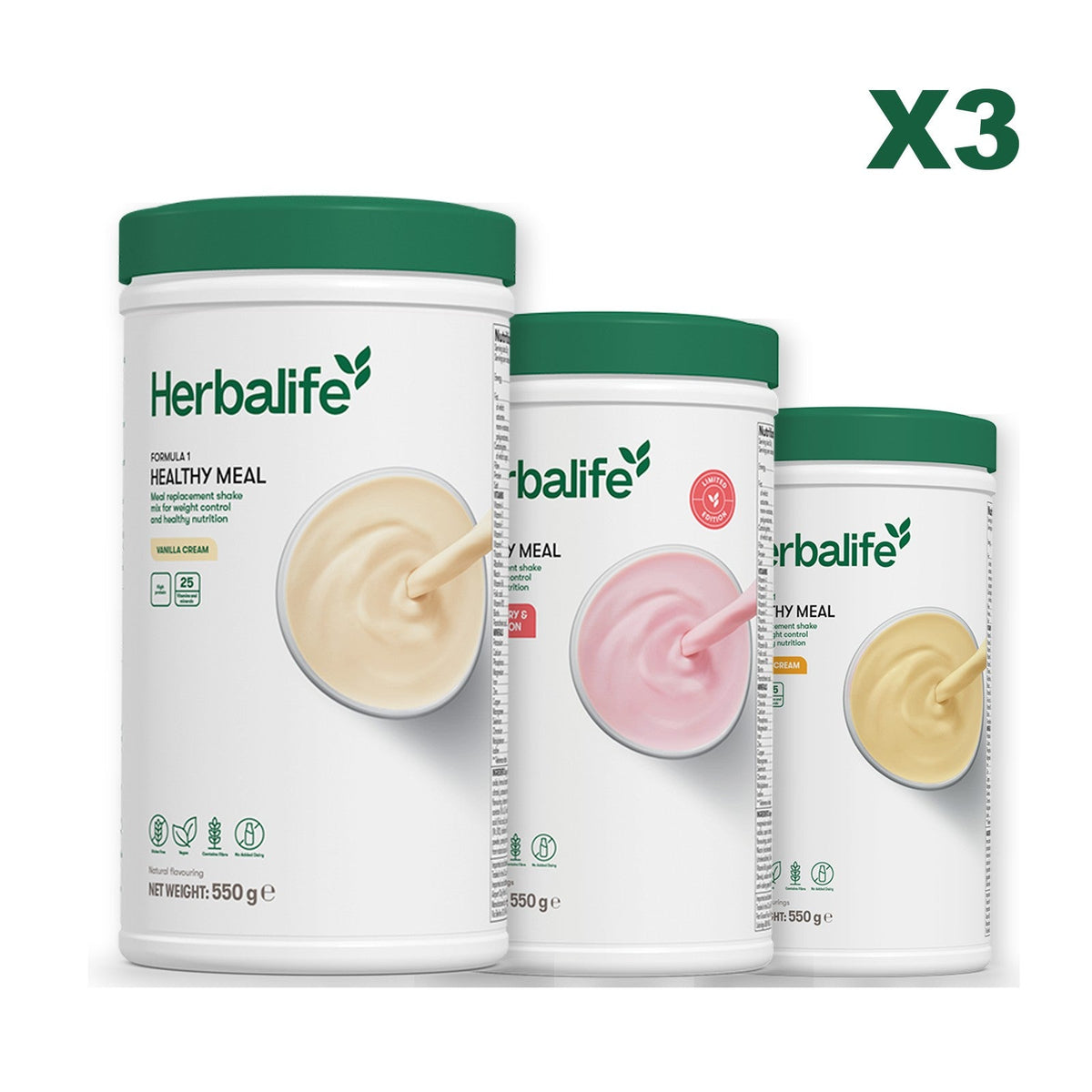 Three Formula 1 shake tubs led by Vanilla Cream, plus two flavours you choose, Strawberry Watermelon / Banana Cream