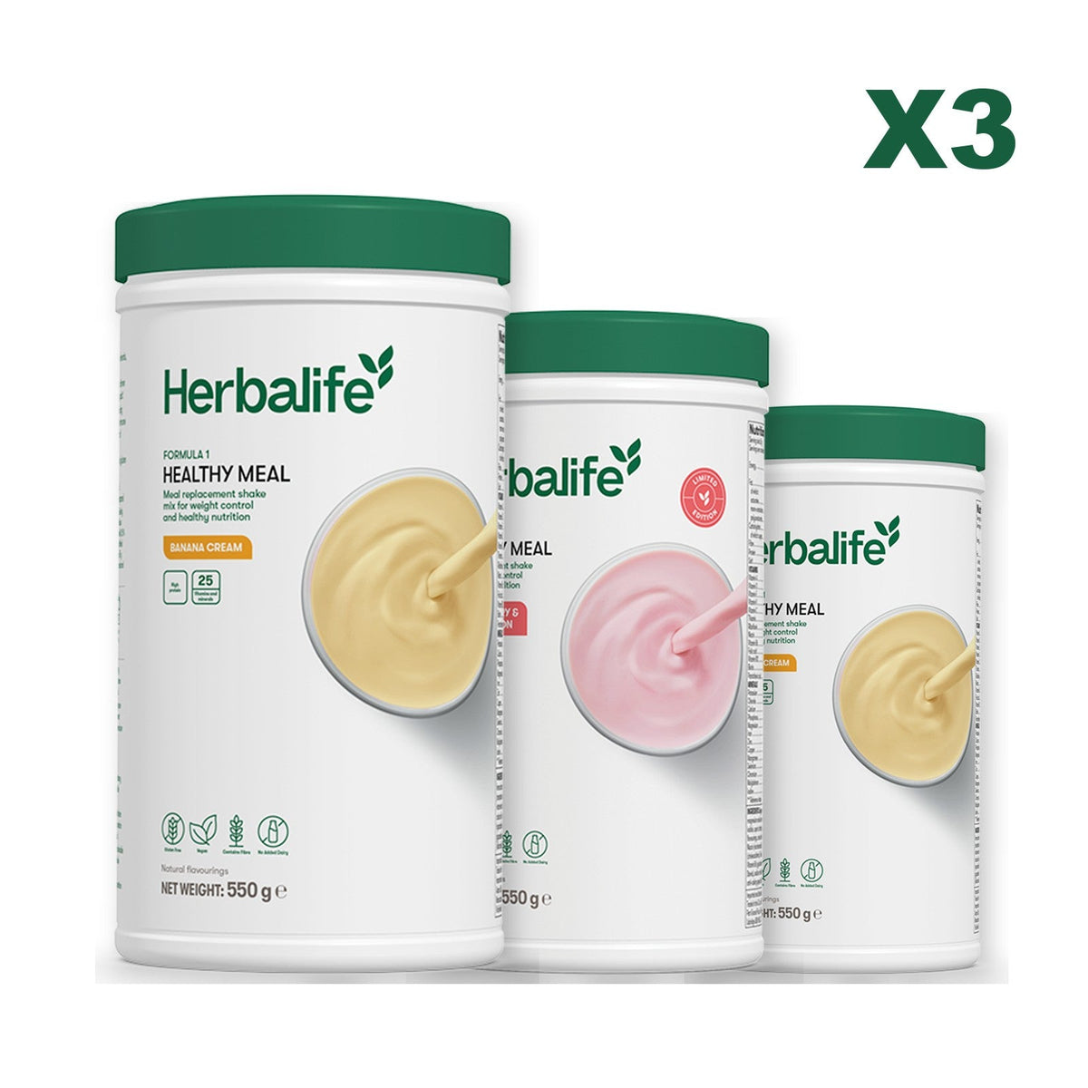 Three Formula 1 shake tubs led by Banana Cream, plus two flavours you choose, Strawberry Watermelon / Banana Cream