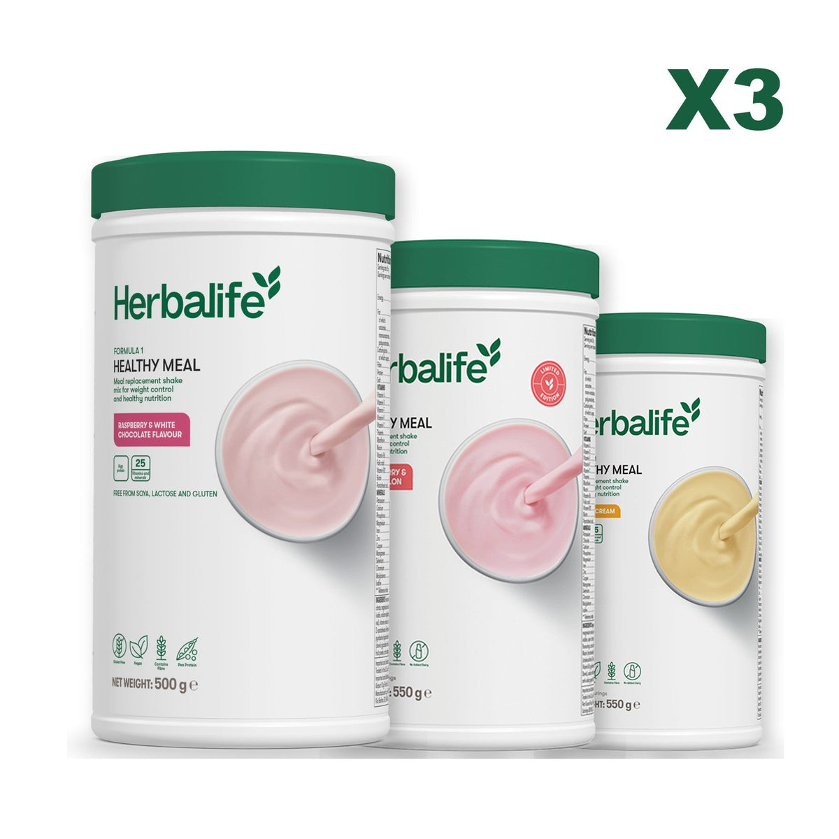 Three Formula 1 shake tubs led by Free From Raspberry and White Chocolate, plus two flavours you choose, Strawberry Watermelon / Banana Cream