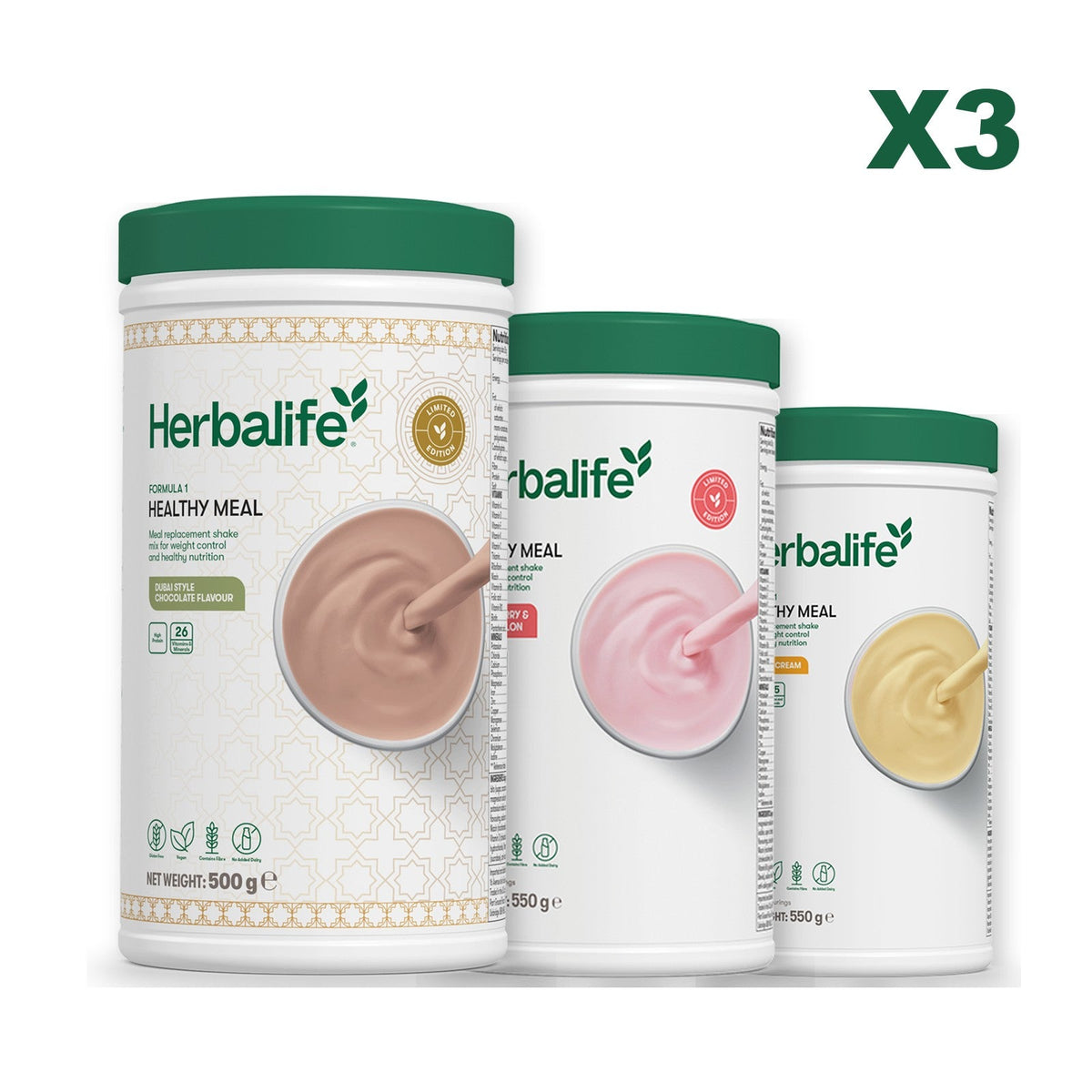 Formula 1 Dubai Style Chocolate meal shake tub shown with two further Formula 1 tubs, Strawberry Watermelon / Banana Cream