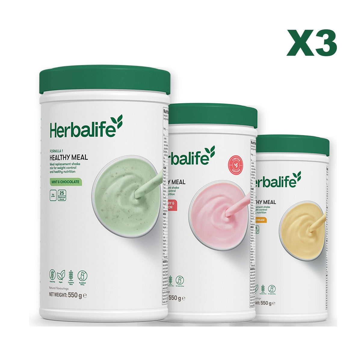 Three Formula 1 shake tubs led by Mint Chocolate, plus two flavours you choose, Strawberry Watermelon / Banana Cream