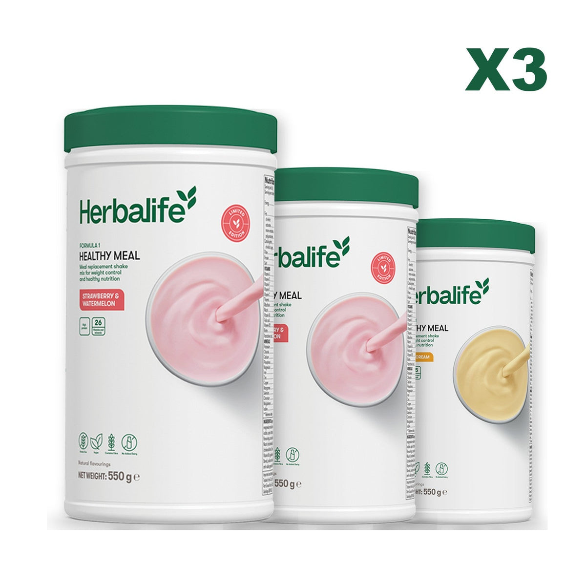 Formula 1 Strawberry Watermelon meal shake tub shown with two further Formula 1 tubs, Strawberry Watermelon / Banana Cream