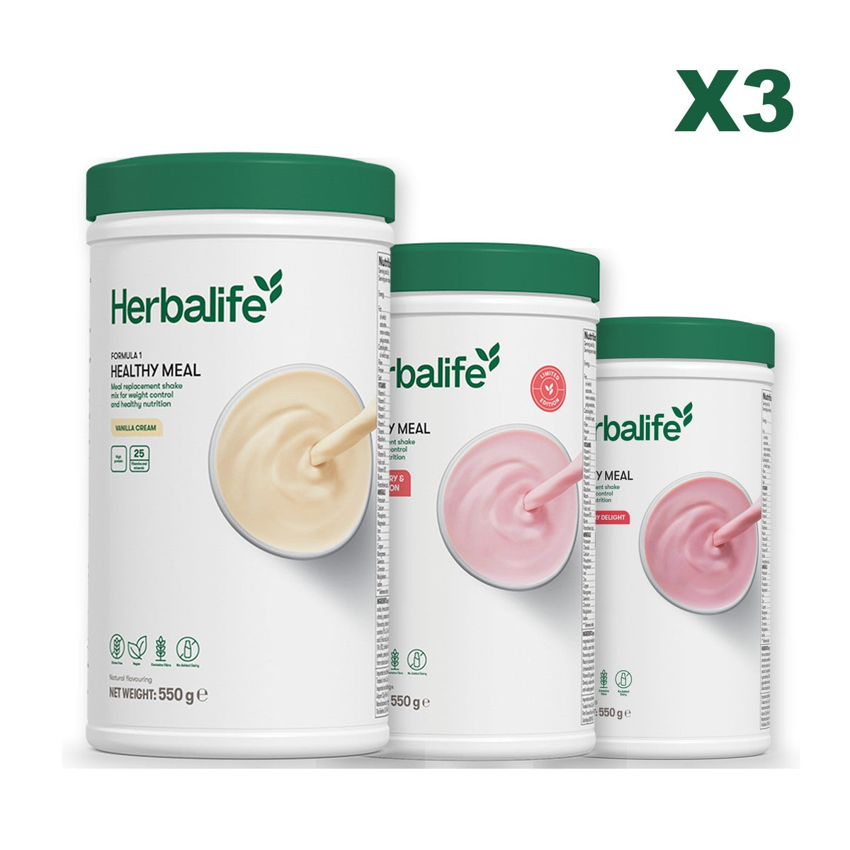 Three Formula 1 shake tubs led by Vanilla Cream, plus two flavours you choose, Strawberry Watermelon / Strawberry
