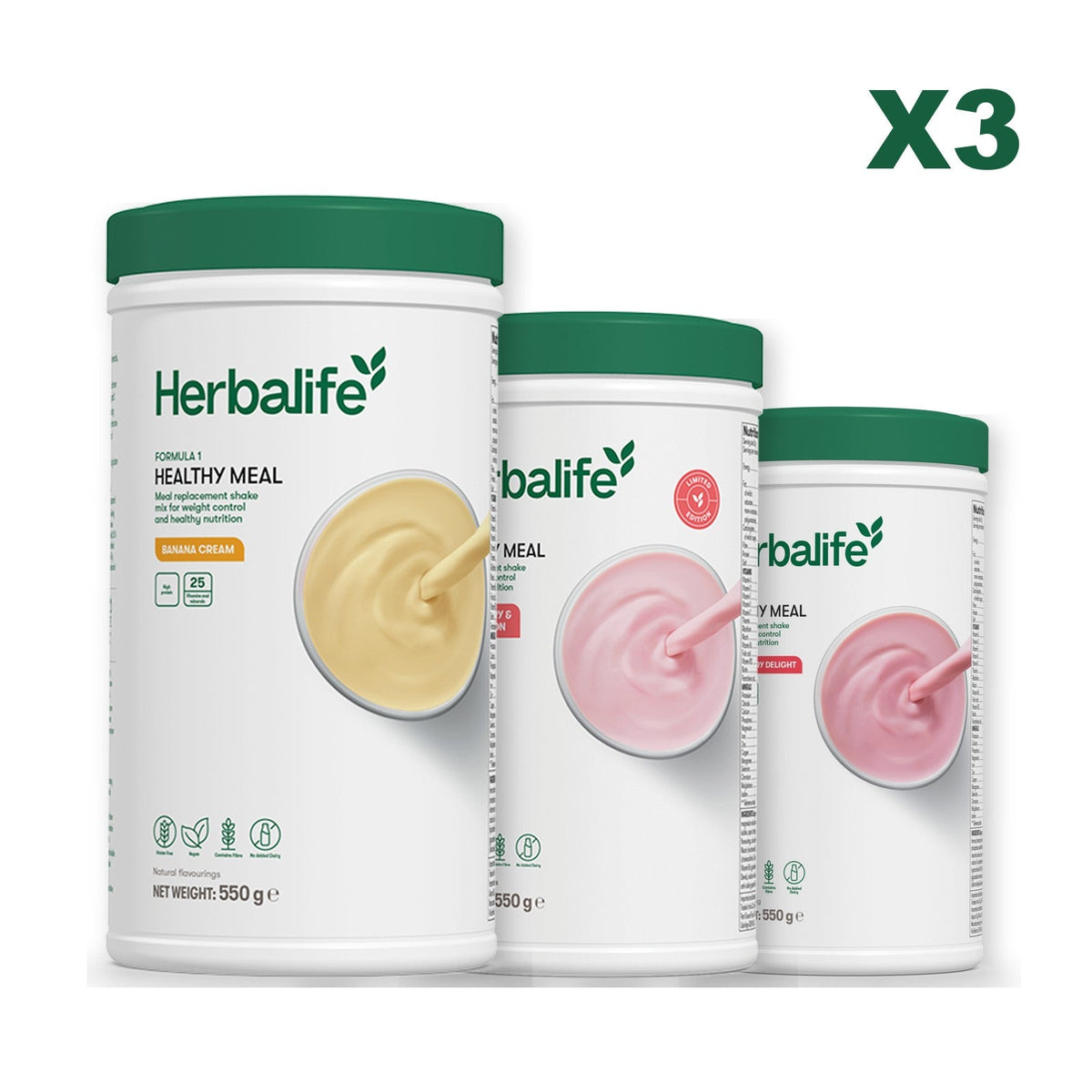 Three Formula 1 shake tubs led by Banana Cream, plus two flavours you choose, Strawberry Watermelon / Strawberry