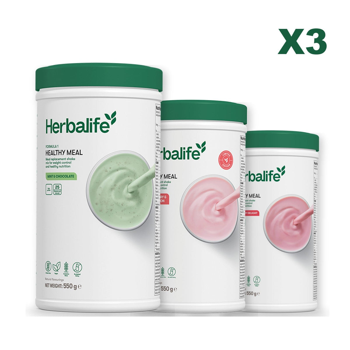 Three Formula 1 shake tubs led by Mint Chocolate, plus two flavours you choose, Strawberry Watermelon / Strawberry