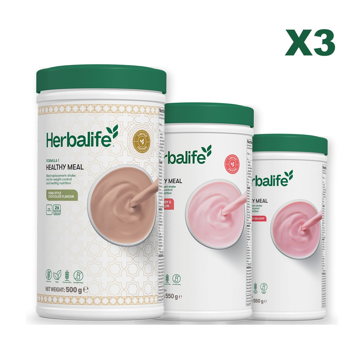 Formula 1 Dubai Style Chocolate meal shake tub shown with two further Formula 1 tubs, Strawberry Watermelon / Strawberry