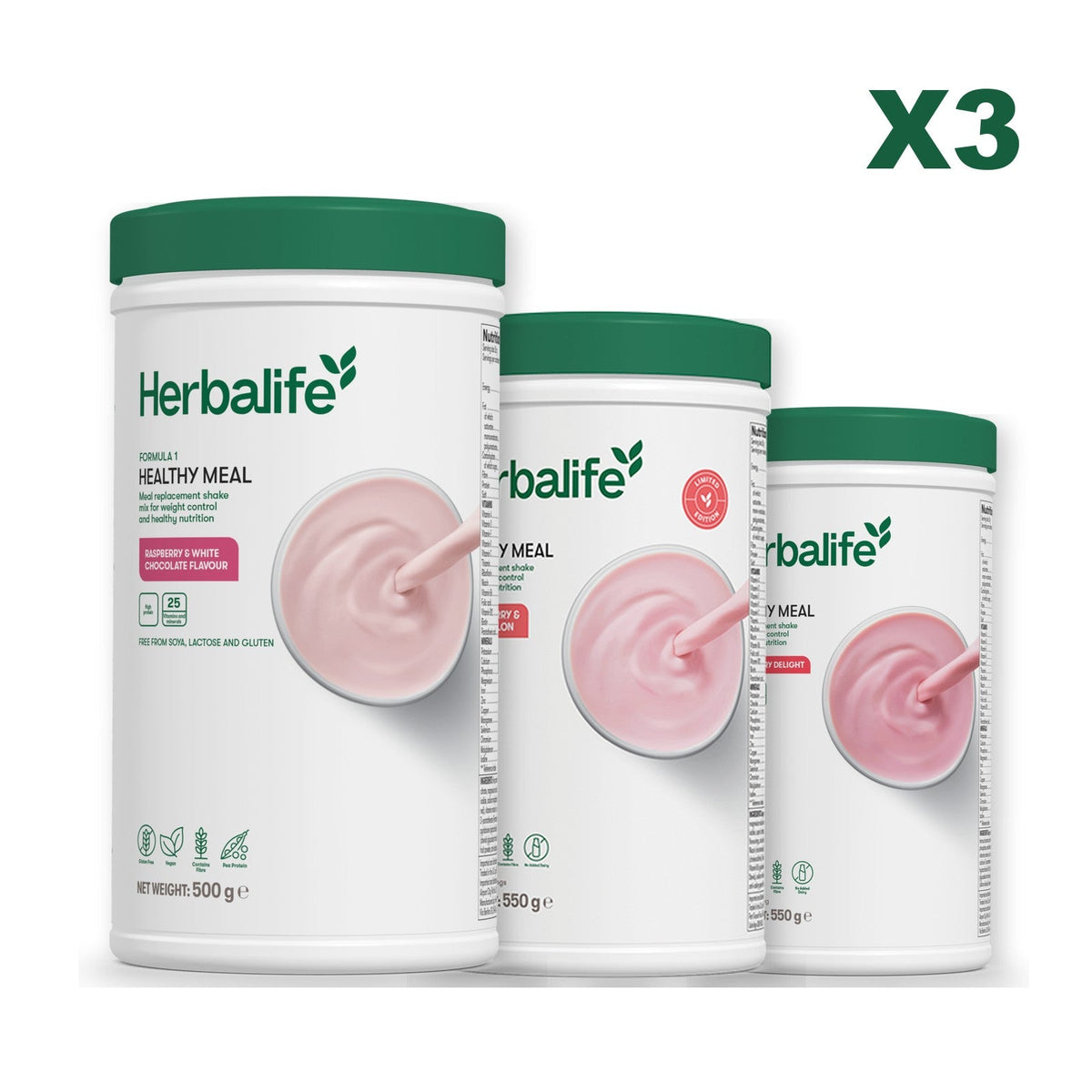 Three Formula 1 shake tubs led by Free From Raspberry and White Chocolate, plus two flavours you choose, Strawberry Watermelon / Strawberry