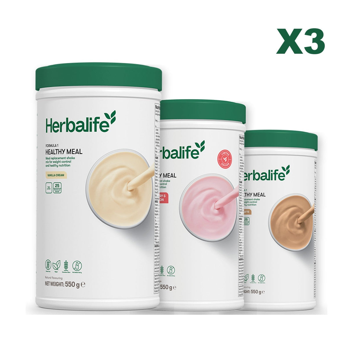 Three Formula 1 shake tubs led by Vanilla Cream, plus two flavours you choose, Strawberry Watermelon / Cafe Latte