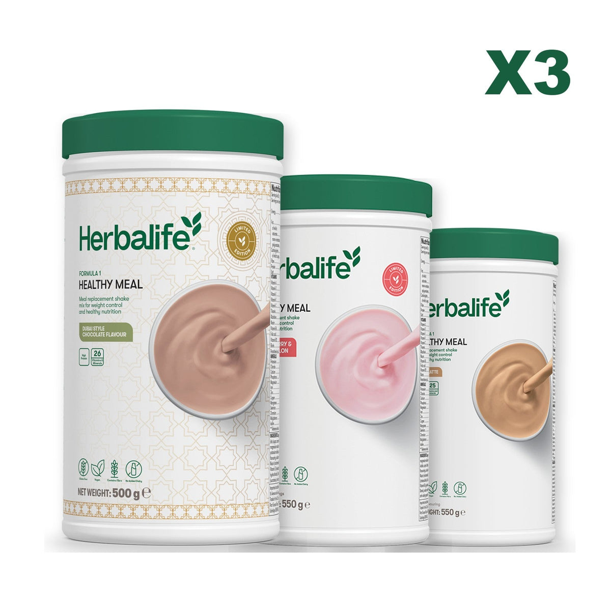Formula 1 Dubai Style Chocolate meal shake tub shown with two further Formula 1 tubs, Strawberry Watermelon / Cafe Latte