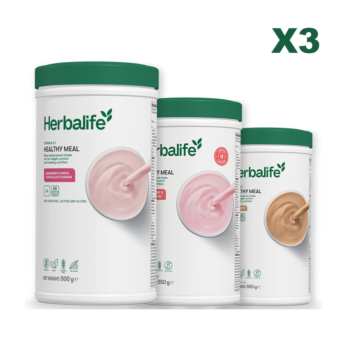 Three Formula 1 shake tubs led by Free From Raspberry and White Chocolate, plus two flavours you choose, Strawberry Watermelon / Cafe Latte