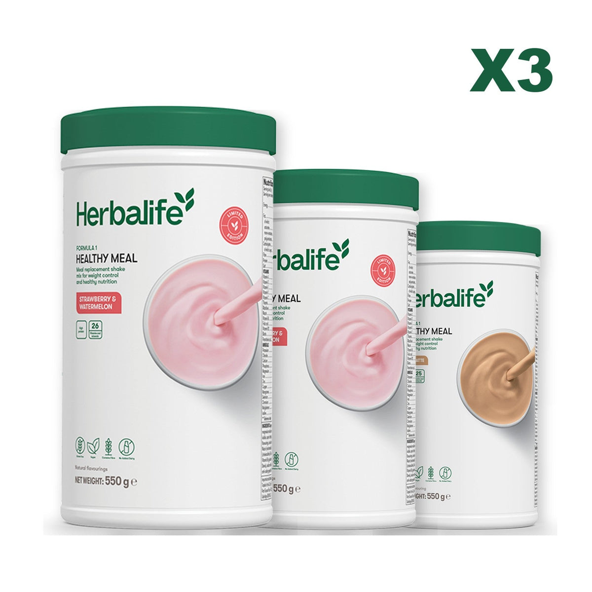 Formula 1 Strawberry Watermelon meal shake tub shown with two further Formula 1 tubs, Strawberry Watermelon / Cafe Latte