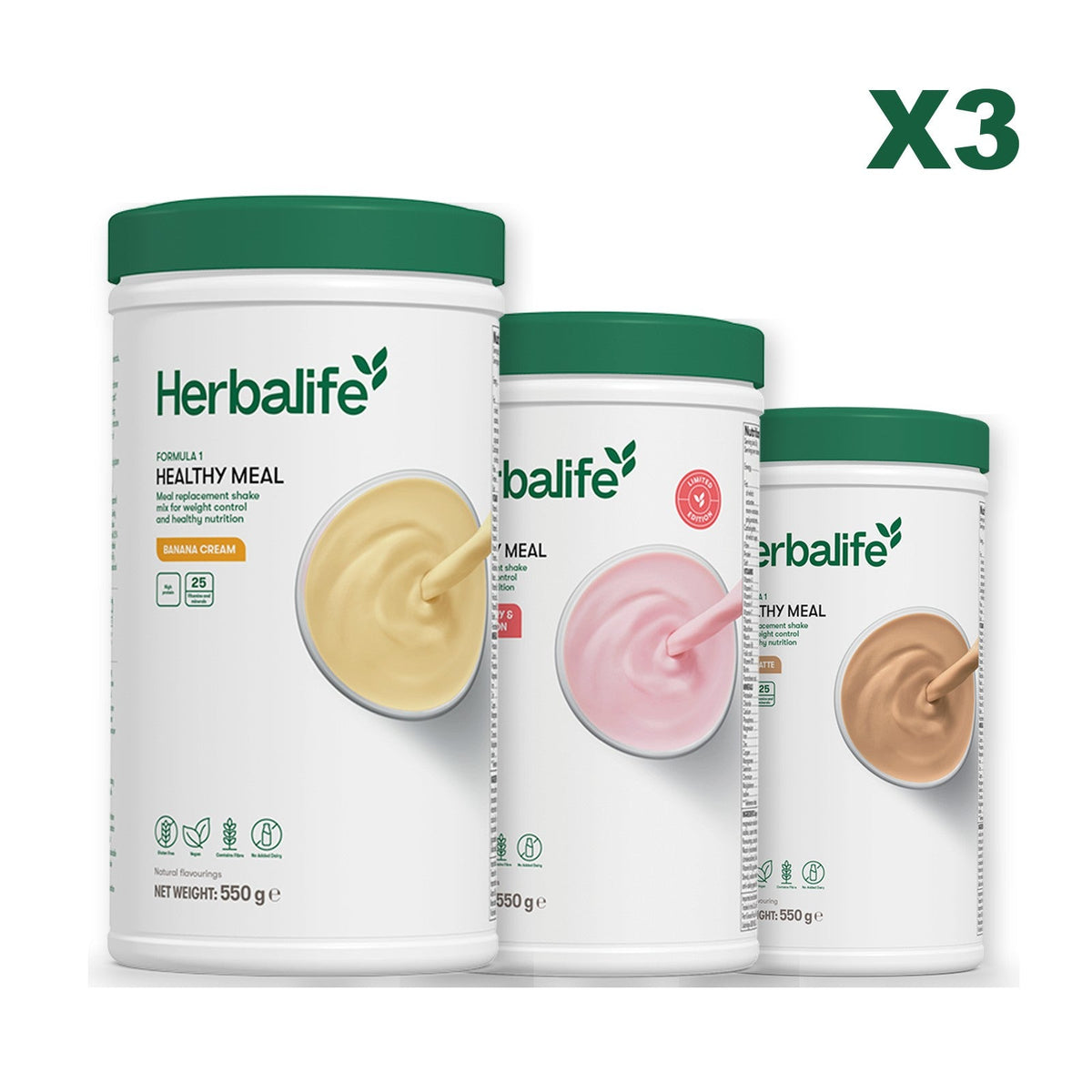 Three Formula 1 shake tubs led by Banana Cream, plus two flavours you choose, Strawberry Watermelon / Cafe Latte