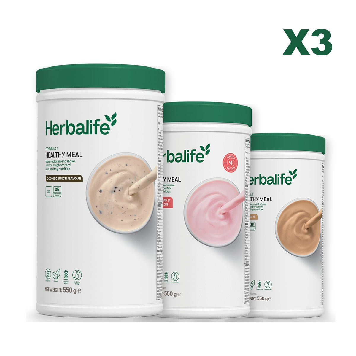 Three Formula 1 shake tubs led by Cookie Crunch, plus two flavours you choose, Strawberry Watermelon / Cafe Latte