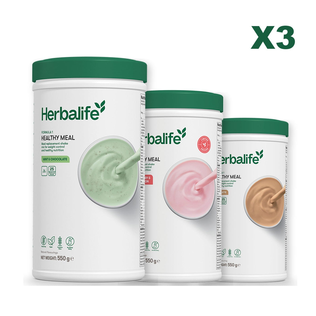 Three Formula 1 shake tubs led by Mint Chocolate, plus two flavours you choose, Strawberry Watermelon / Cafe Latte