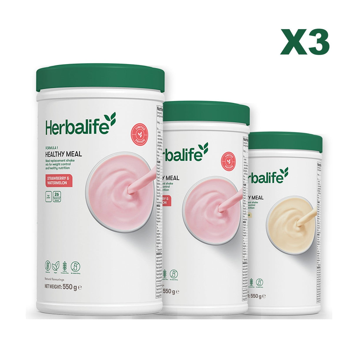 Formula 1 Strawberry Watermelon meal shake tub shown with two further Formula 1 tubs, Strawberry Watermelon / Vanilla