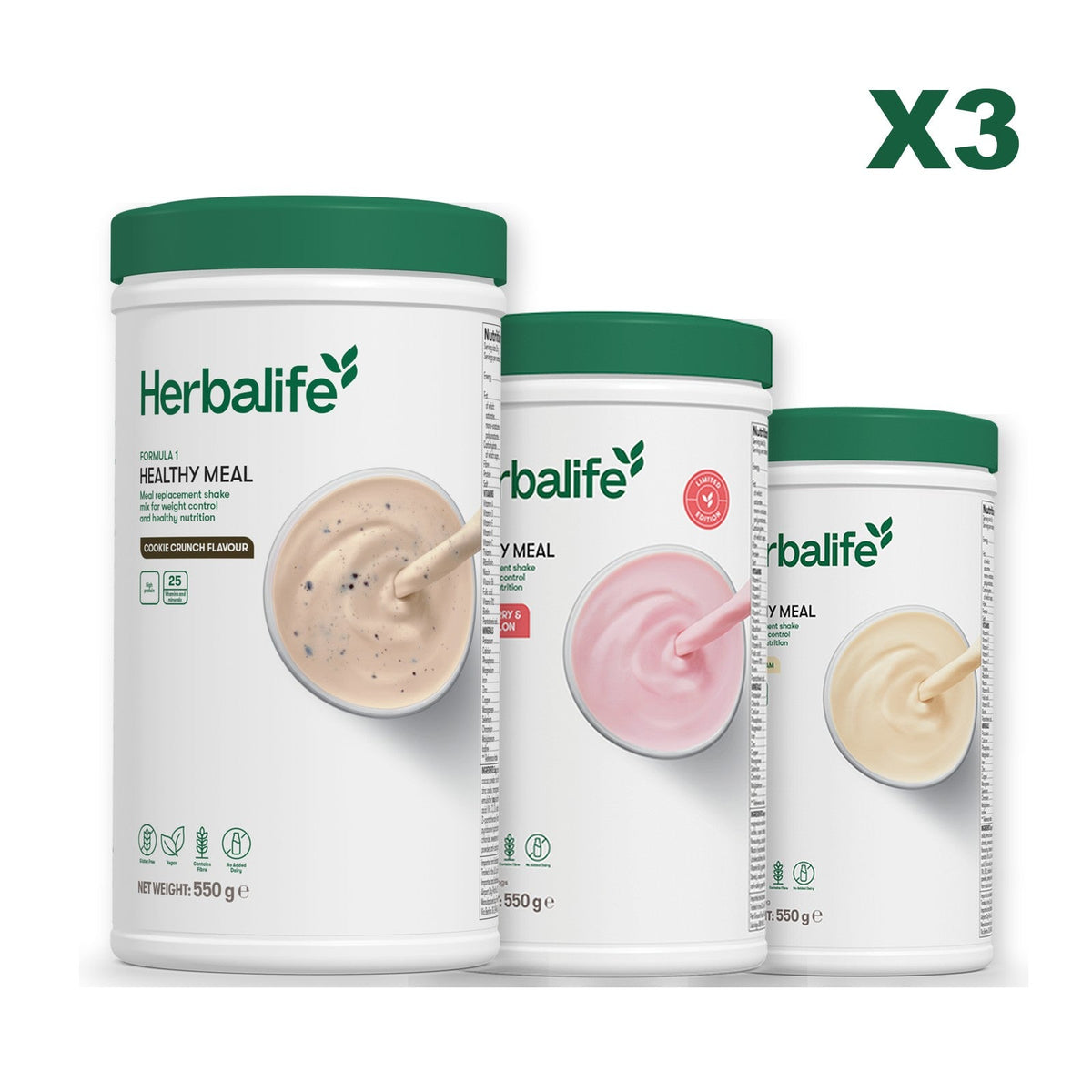 Three Formula 1 shake tubs led by Cookie Crunch, plus two flavours you choose, Strawberry Watermelon / Vanilla