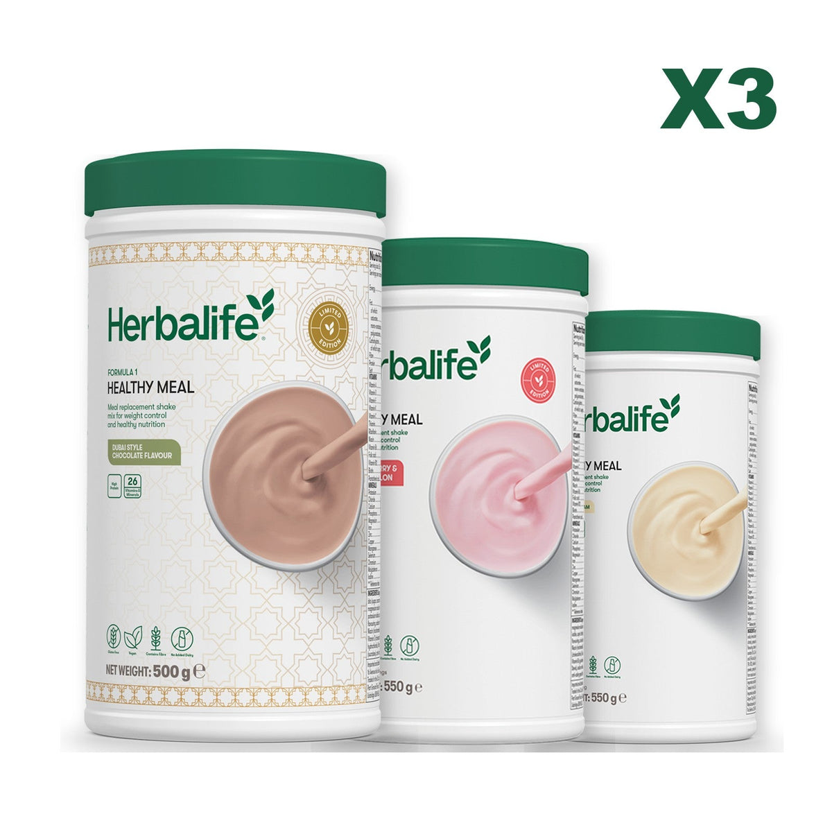Formula 1 Dubai Style Chocolate meal shake tub shown with two further Formula 1 tubs, Strawberry Watermelon / Vanilla