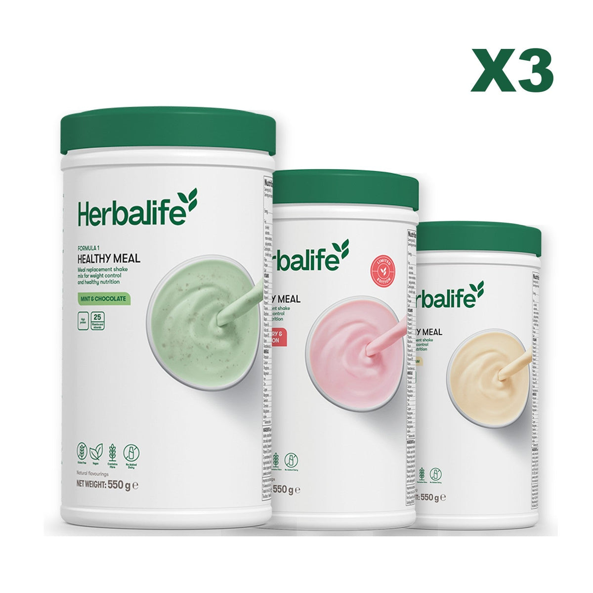 Three Formula 1 shake tubs led by Mint Chocolate, plus two flavours you choose, Strawberry Watermelon / Vanilla