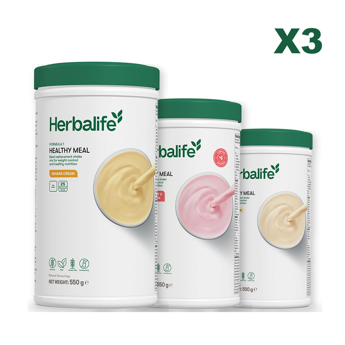 Three Formula 1 shake tubs led by Banana Cream, plus two flavours you choose, Strawberry Watermelon / Vanilla