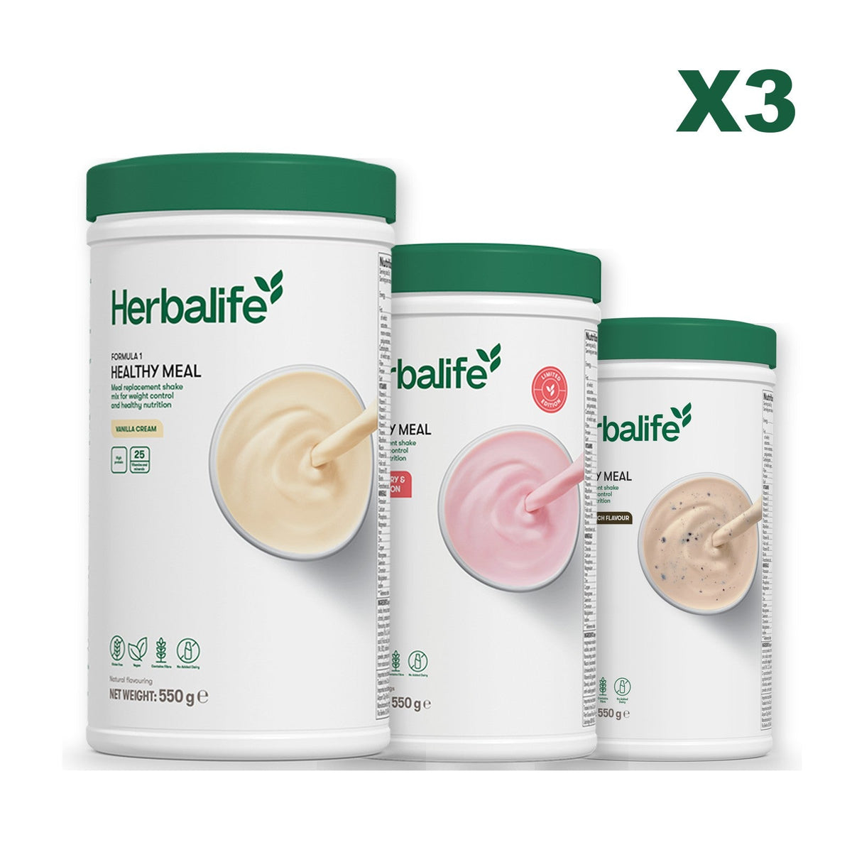 Three Formula 1 shake tubs led by Vanilla Cream, plus two flavours you choose, Strawberry Watermelon / Cookie Crunch