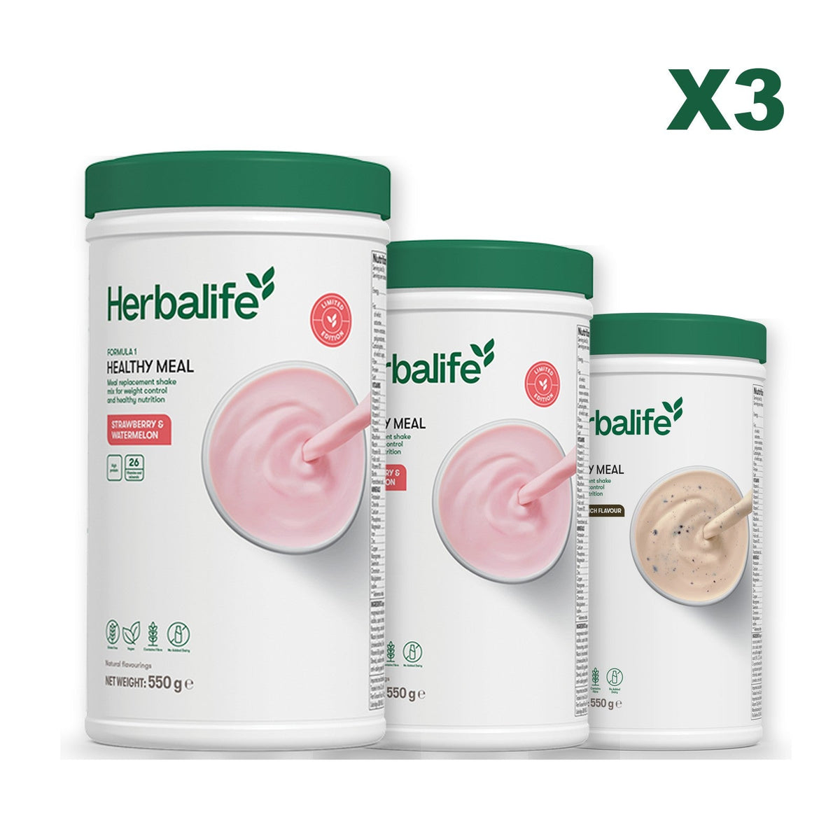 Formula 1 Strawberry Watermelon meal shake tub shown with two further Formula 1 tubs, Strawberry Watermelon / Cookie Crunch