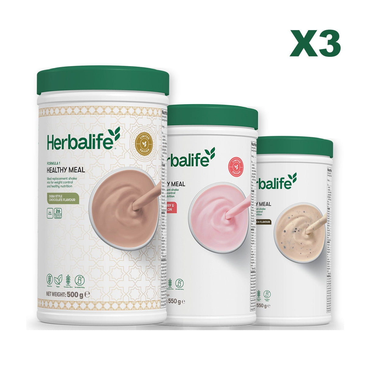 Formula 1 Dubai Style Chocolate meal shake tub shown with two further Formula 1 tubs, Strawberry Watermelon / Cookie Crunch