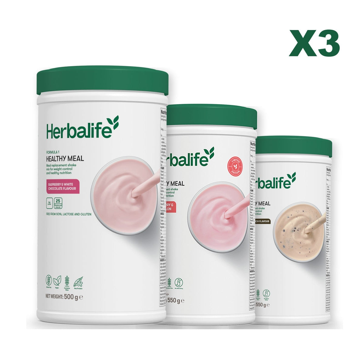 Three Formula 1 shake tubs led by Free From Raspberry and White Chocolate, plus two flavours you choose, Strawberry Watermelon / Cookie Crunch