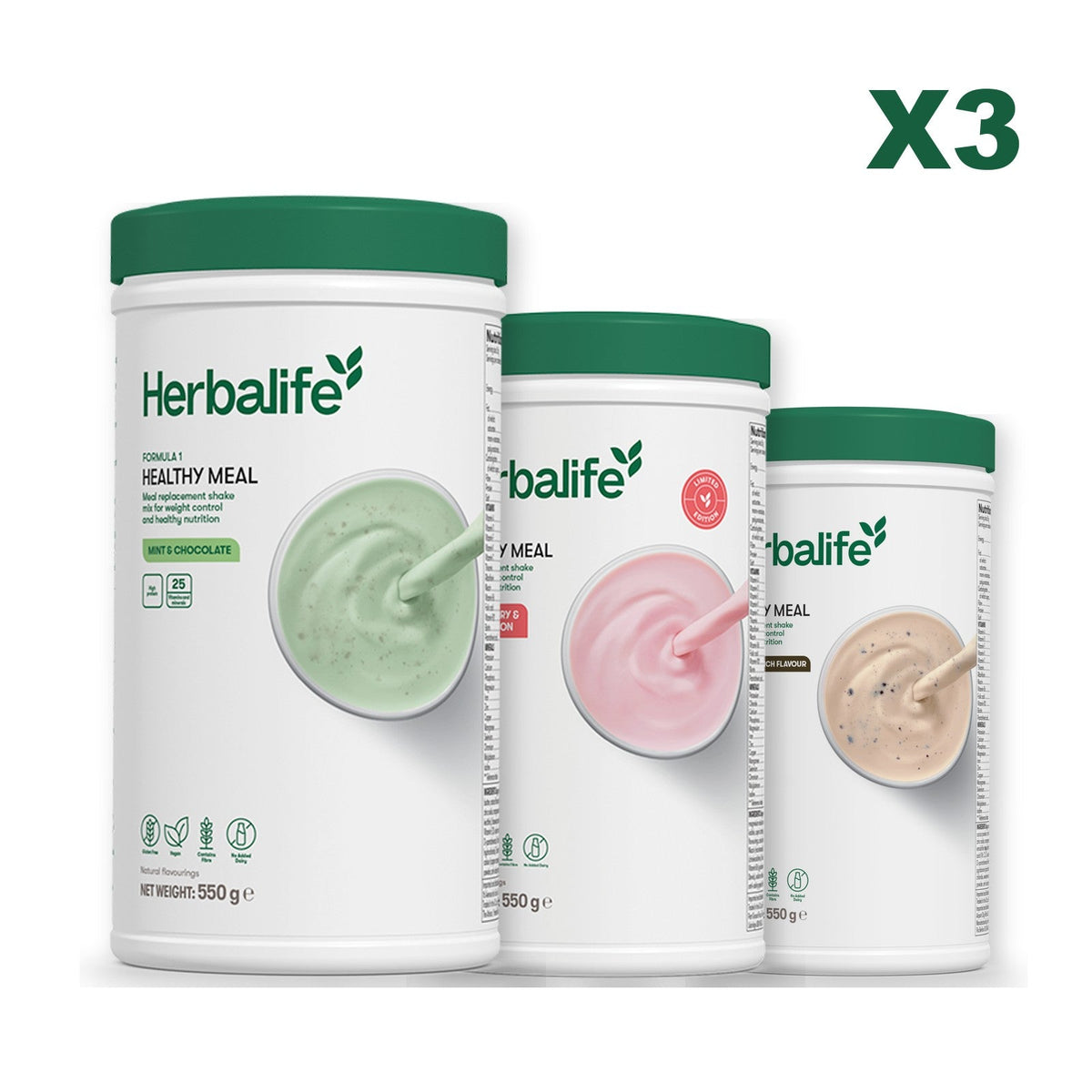 Three Formula 1 shake tubs led by Mint Chocolate, plus two flavours you choose, Strawberry Watermelon / Cookie Crunch