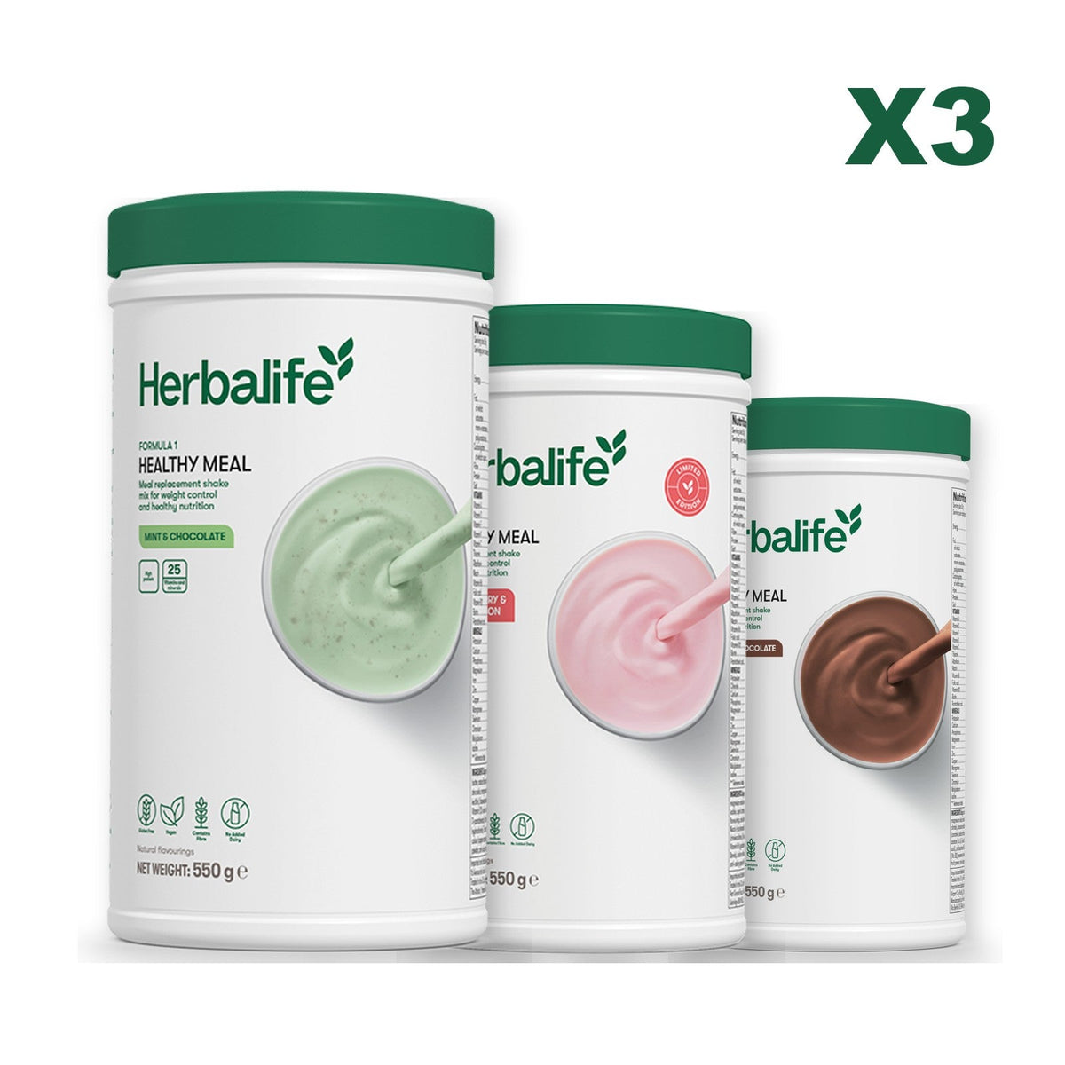 Three Formula 1 shake tubs led by Mint Chocolate, plus two flavours you choose, Strawberry Watermelon / Chocolate
