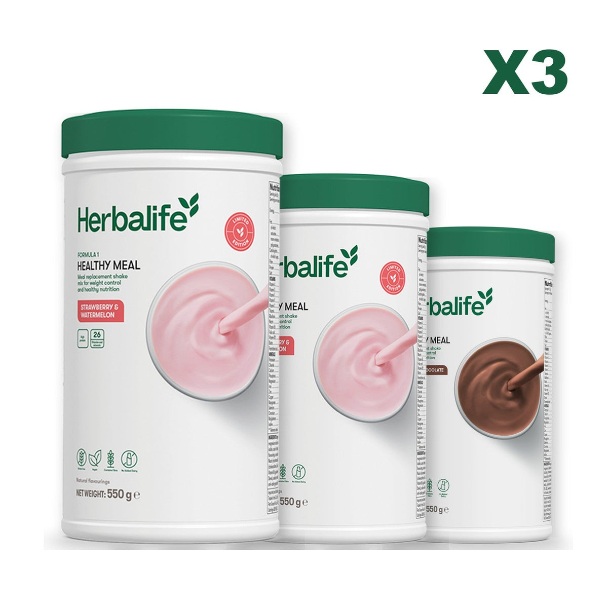 Formula 1 Strawberry Watermelon meal shake tub shown with two further Formula 1 tubs, Strawberry Watermelon / Chocolate