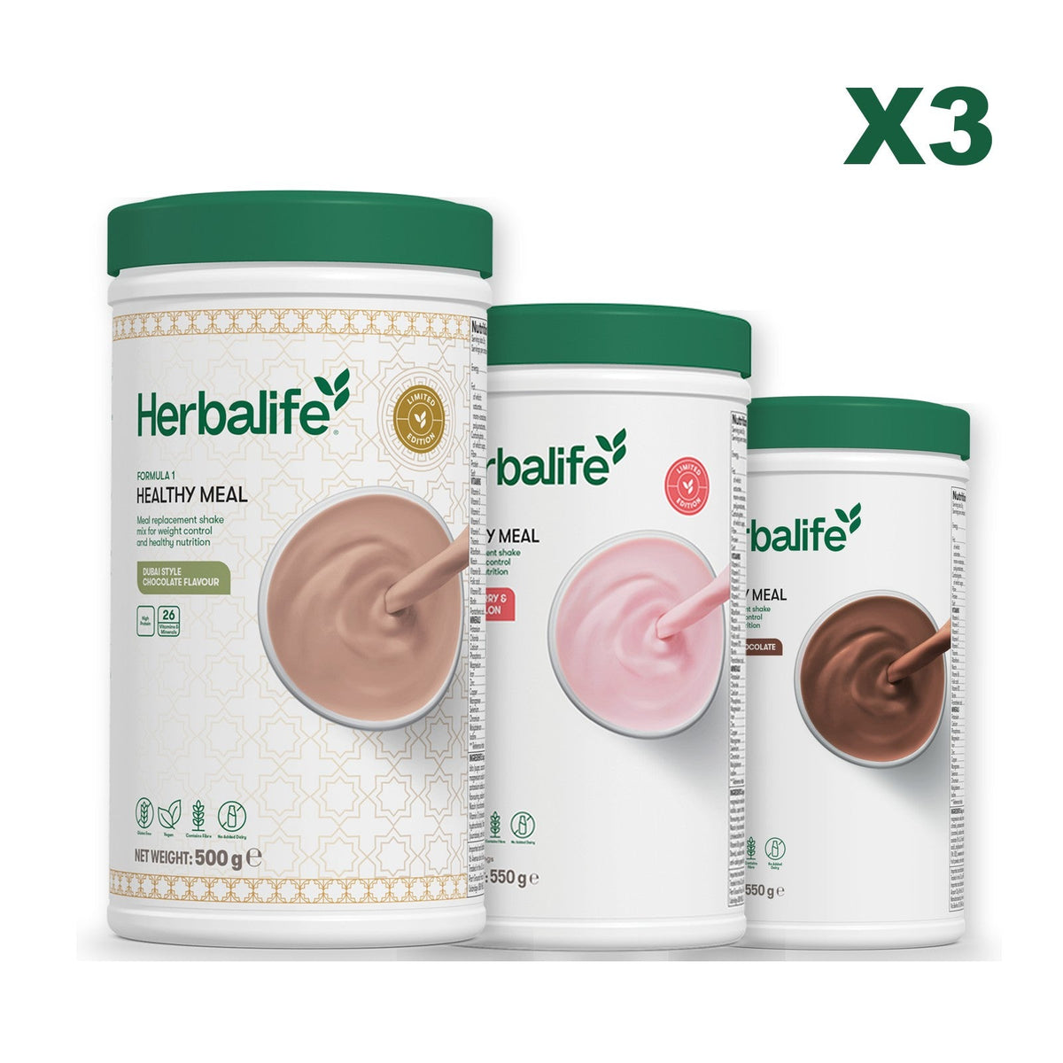 Formula 1 Dubai Style Chocolate meal shake tub shown with two further Formula 1 tubs, Strawberry Watermelon / Chocolate
