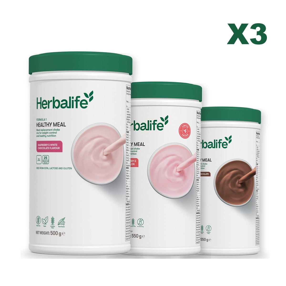 Three Formula 1 shake tubs led by Free From Raspberry and White Chocolate, plus two flavours you choose, Strawberry Watermelon / Chocolate