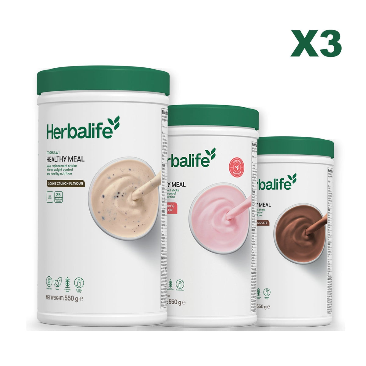Three Formula 1 shake tubs led by Cookie Crunch, plus two flavours you choose, Strawberry Watermelon / Chocolate