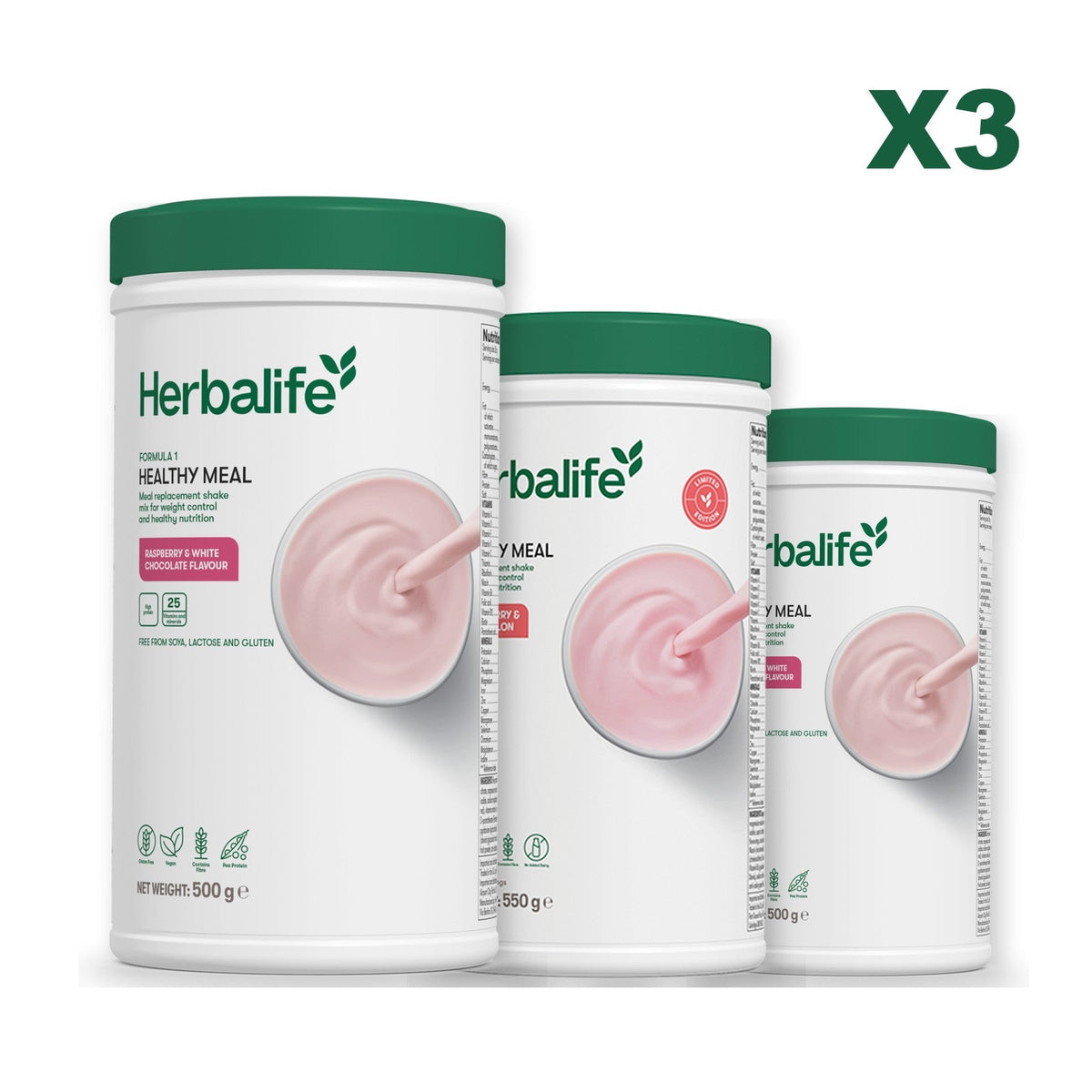 Three Formula 1 shake tubs led by Free From Raspberry and White Chocolate, plus two flavours you choose, Strawberry Watermelon / Free From Raspberry & White Chocolate