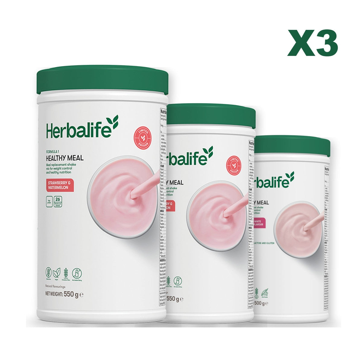 Formula 1 Strawberry Watermelon meal shake tub shown with two further Formula 1 tubs, Strawberry Watermelon / Free From Raspberry & White Chocolate