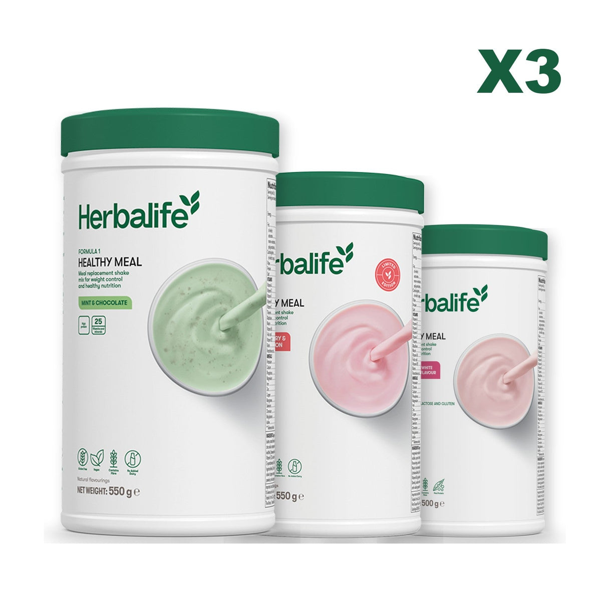 Three Formula 1 shake tubs led by Mint Chocolate, plus two flavours you choose, Strawberry Watermelon / Free From Raspberry & White Chocolate