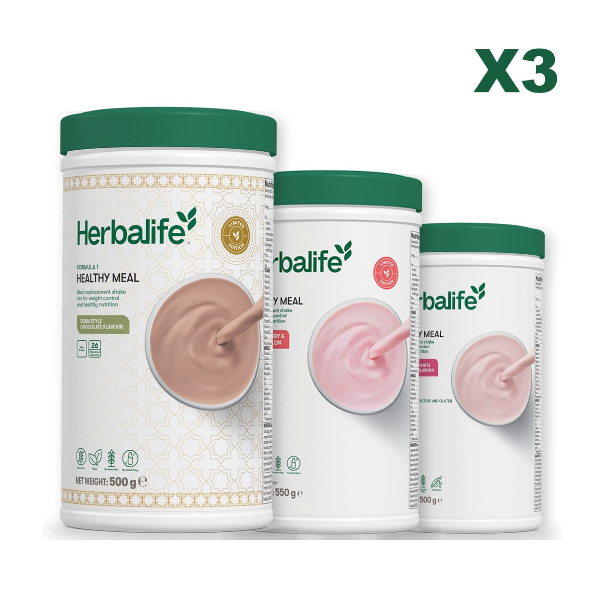 Formula 1 Dubai Style Chocolate meal shake tub shown with two further Formula 1 tubs, Strawberry Watermelon / Free From Raspberry & White Chocolate