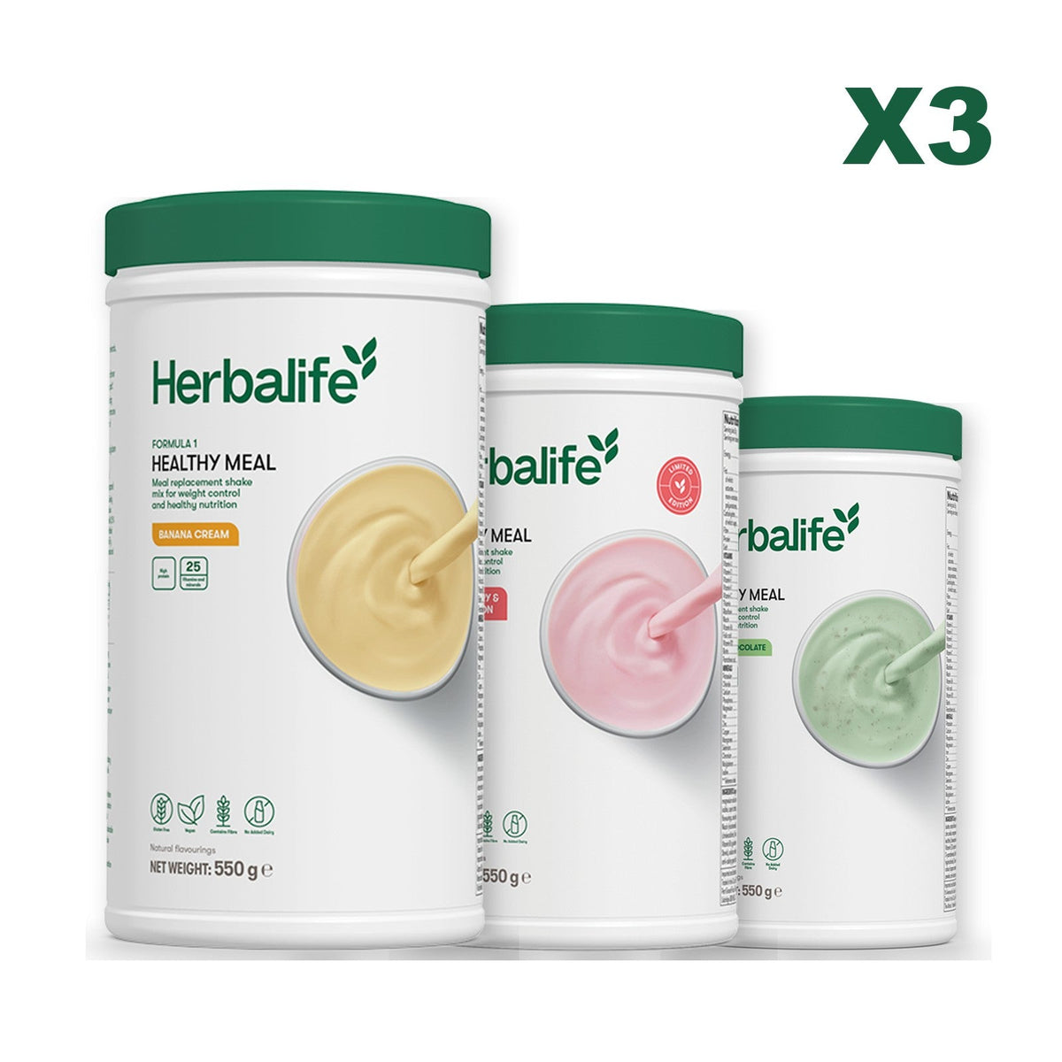 Three Formula 1 shake tubs led by Banana Cream, plus two flavours you choose, Strawberry Watermelon / Mint Chocolate