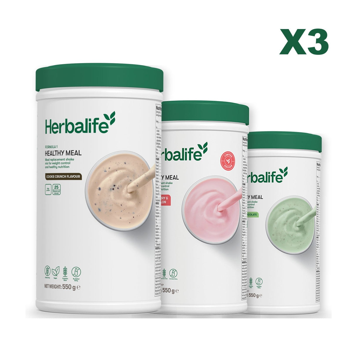 Three Formula 1 shake tubs led by Cookie Crunch, plus two flavours you choose, Strawberry Watermelon / Mint Chocolate