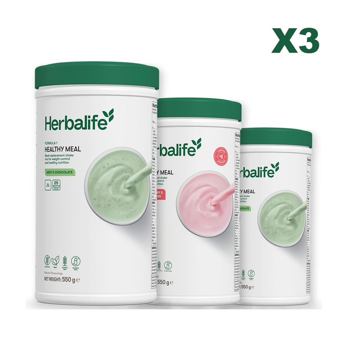 Three Formula 1 shake tubs led by Mint Chocolate, plus two flavours you choose, Strawberry Watermelon / Mint Chocolate