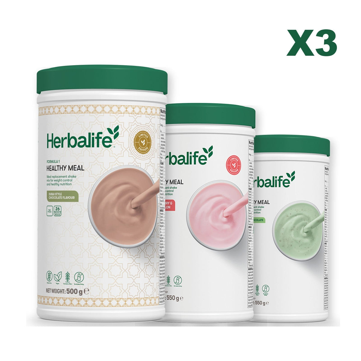 Formula 1 Dubai Style Chocolate meal shake tub shown with two further Formula 1 tubs, Strawberry Watermelon / Mint Chocolate
