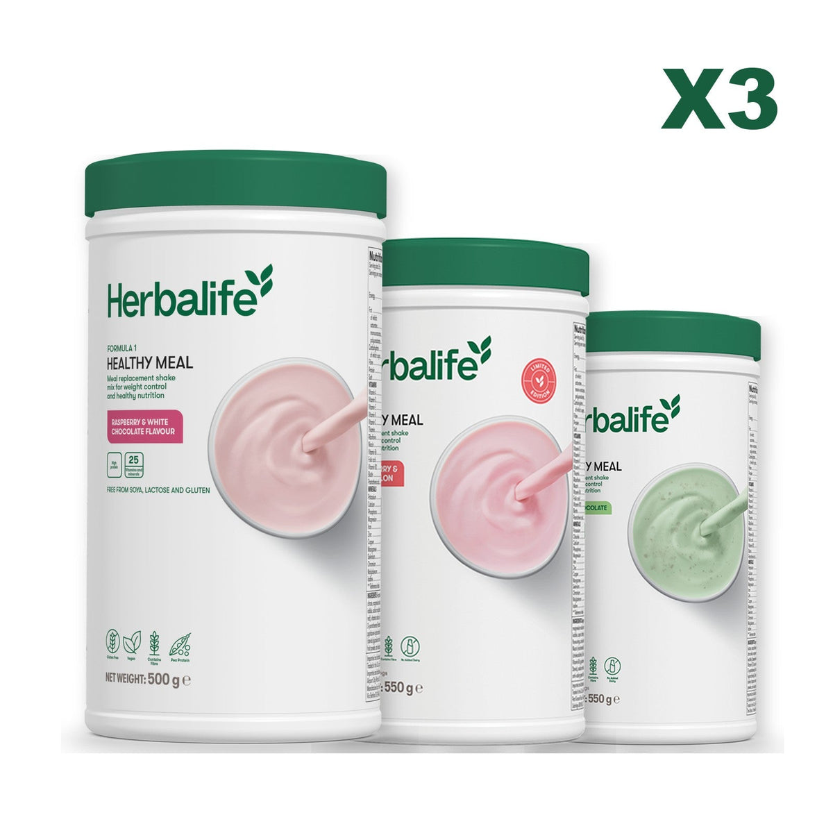 Three Formula 1 shake tubs led by Free From Raspberry and White Chocolate, plus two flavours you choose, Strawberry Watermelon / Mint Chocolate