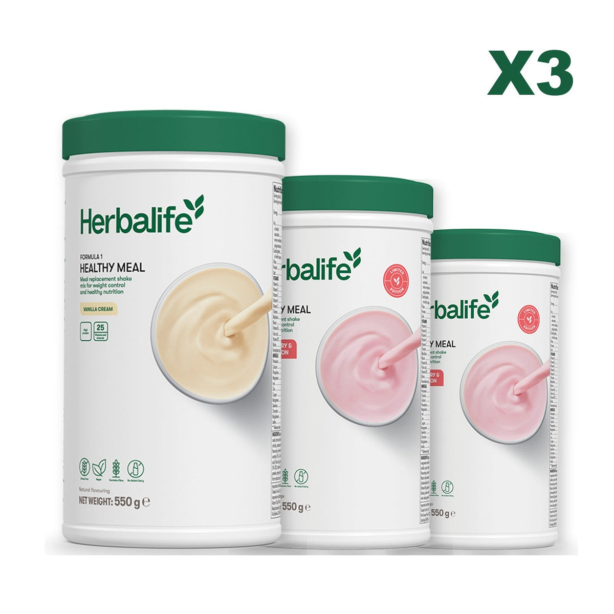 Three Formula 1 shake tubs led by Vanilla Cream, plus two flavours you choose, Strawberry Watermelon / Strawberry Watermelon