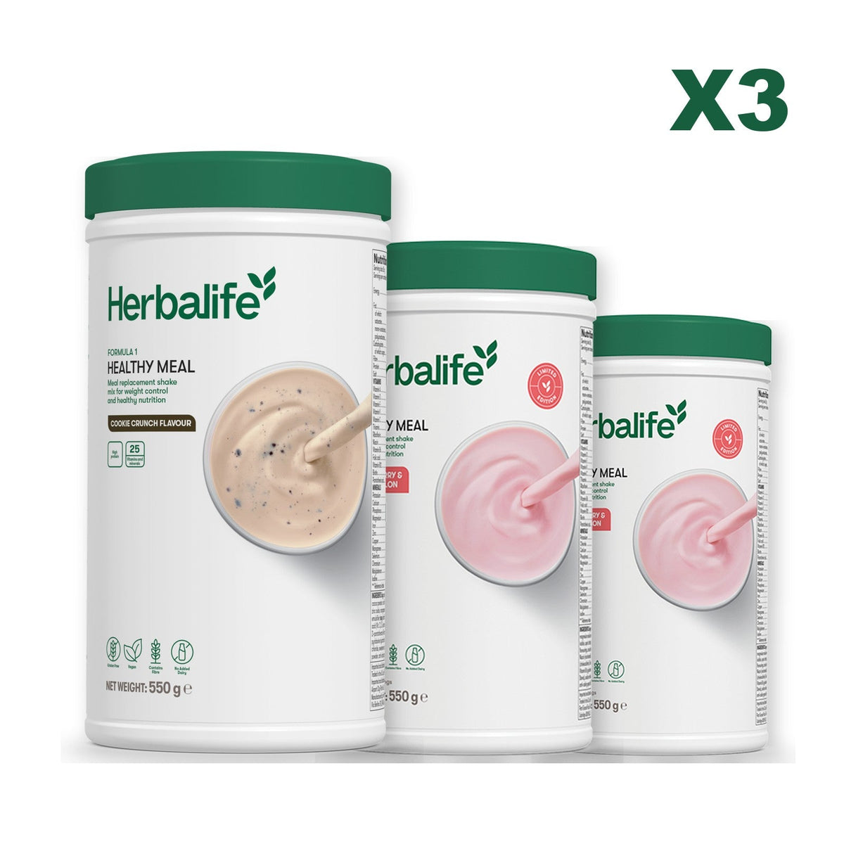 Three Formula 1 shake tubs led by Cookie Crunch, plus two flavours you choose, Strawberry Watermelon / Strawberry Watermelon