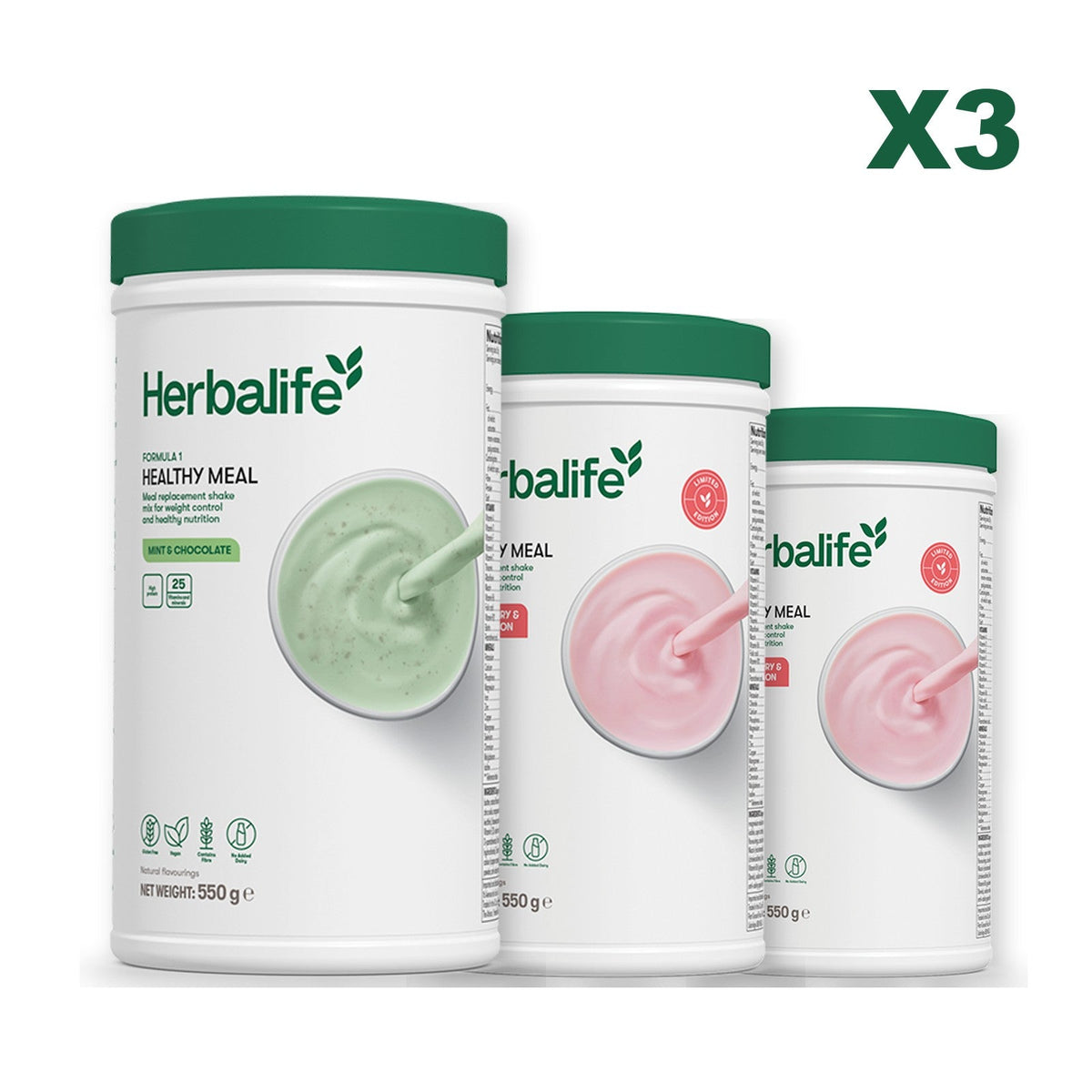 Three Formula 1 shake tubs led by Mint Chocolate, plus two flavours you choose, Strawberry Watermelon / Strawberry Watermelon