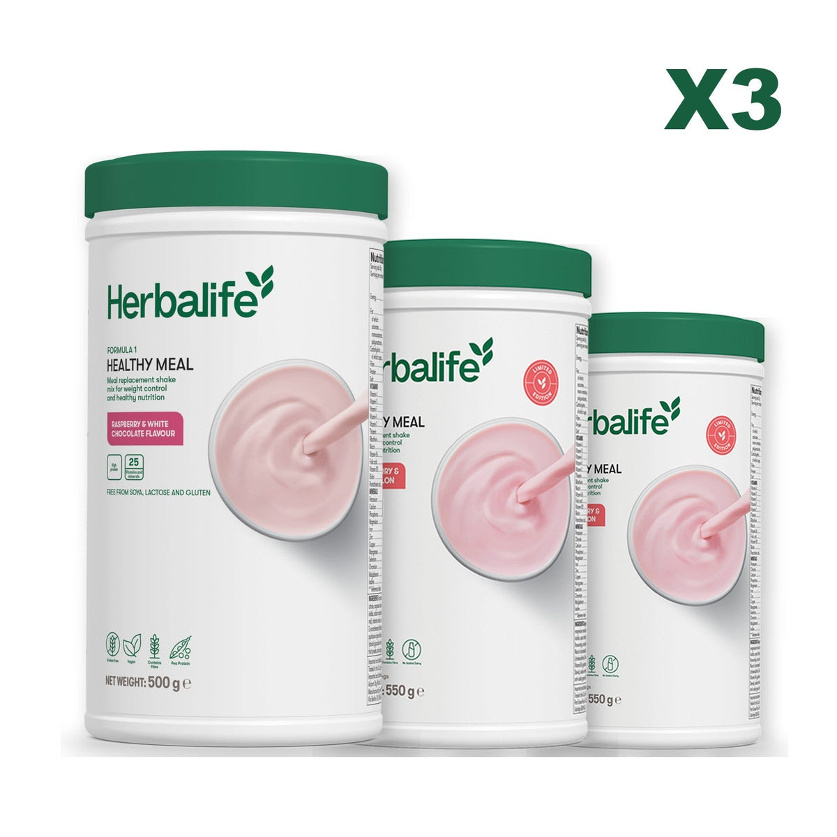 Three Formula 1 shake tubs led by Free From Raspberry and White Chocolate, plus two flavours you choose, Strawberry Watermelon / Strawberry Watermelon