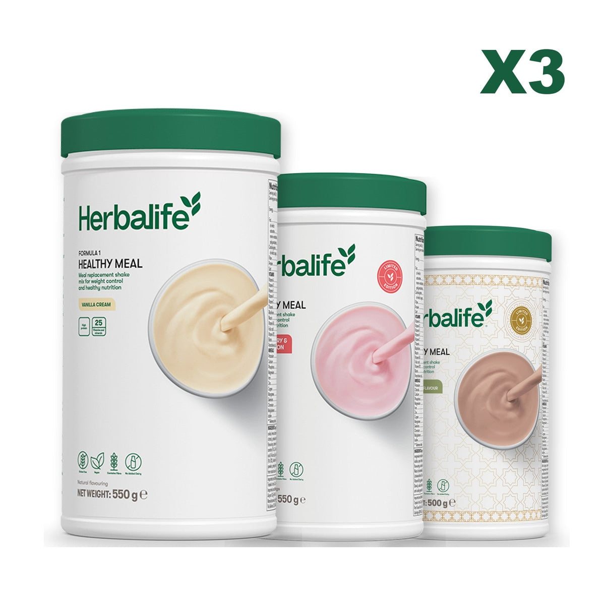Three Formula 1 shake tubs led by Vanilla Cream, plus two flavours you choose, Strawberry Watermelon / Dubai Style Chocolate
