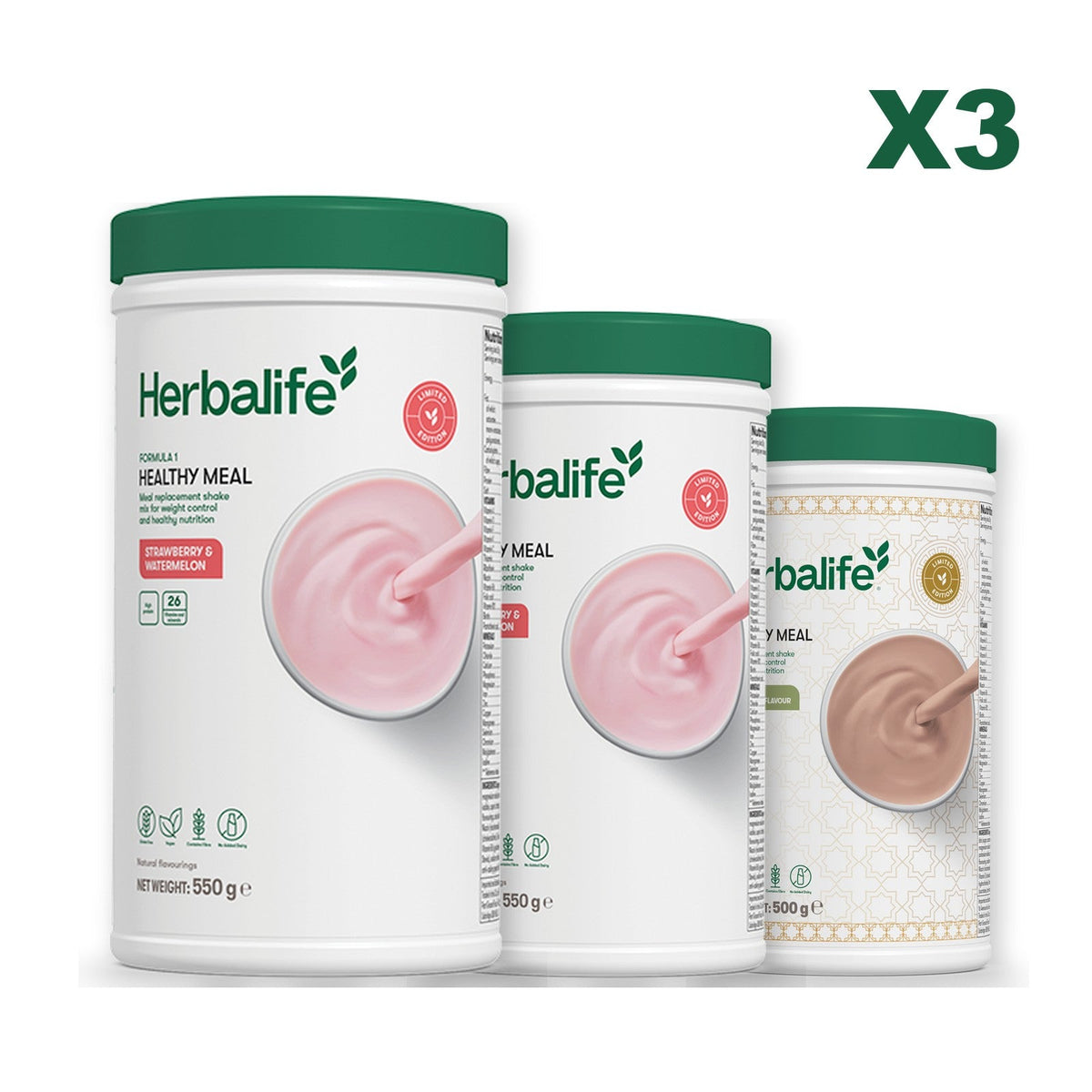 Formula 1 Strawberry Watermelon meal shake tub shown with two further Formula 1 tubs, Strawberry Watermelon / Dubai Style Chocolate